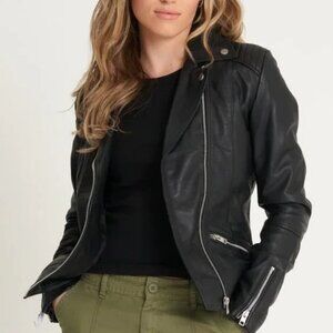 NEW Barneys Originals Black Genuine Leather Biker Belted Jacket